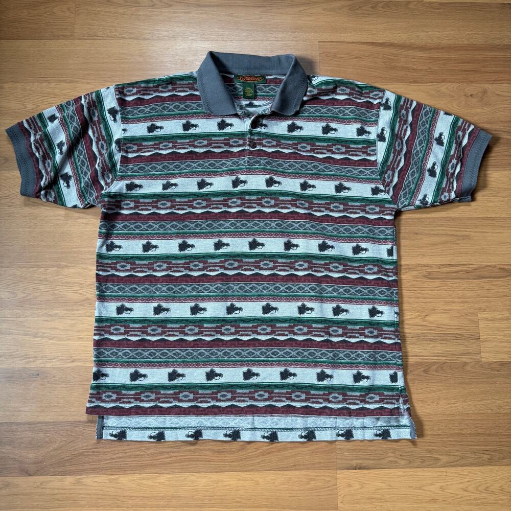 Men's Vintage Flyshacker Clothing Co. Fly Fishing Striped Polo Shirt Sz Large
